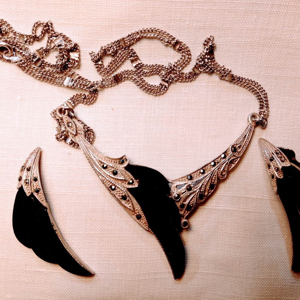 Antique Art Deco, Silver 925, Black Onyx, Marcasite, Pendant Necklace/Earrings